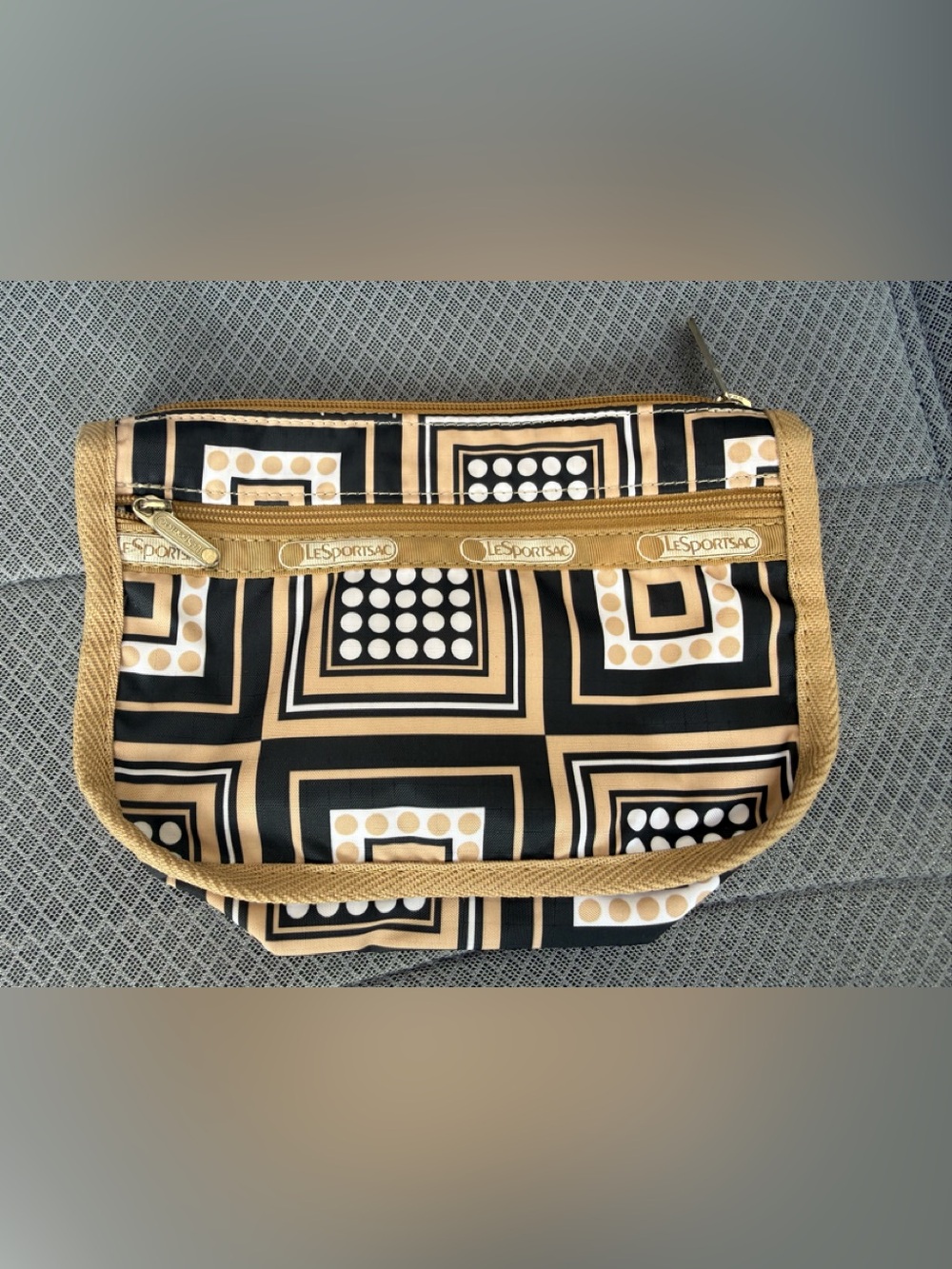 LeSportsac Rectangular Cosmetic Bag – Black Tan Geometric Print Pouch Modern